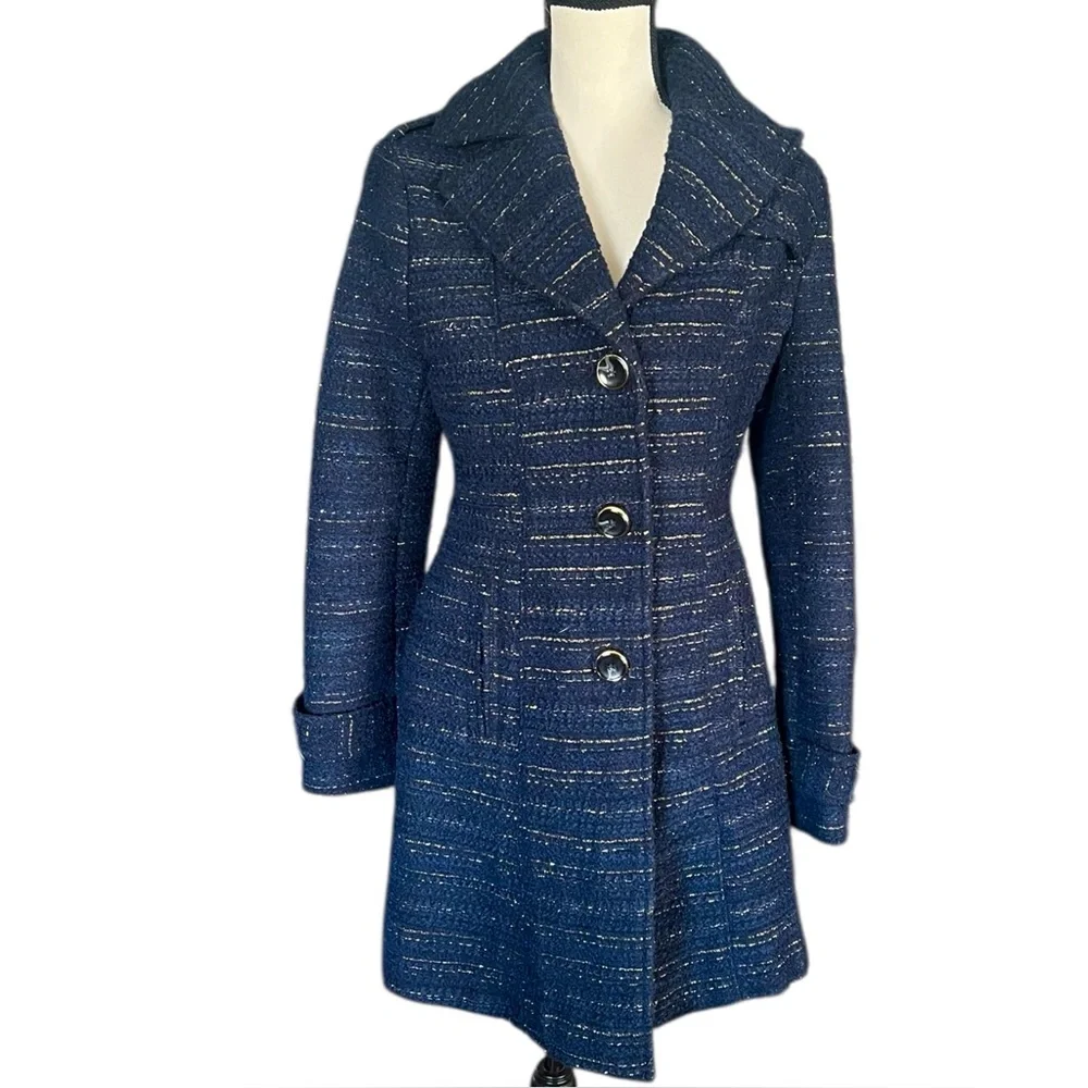 Kenneth Cole New York Reaction Boucle texture Blue Metallic Tweed Coat. SZ. 8